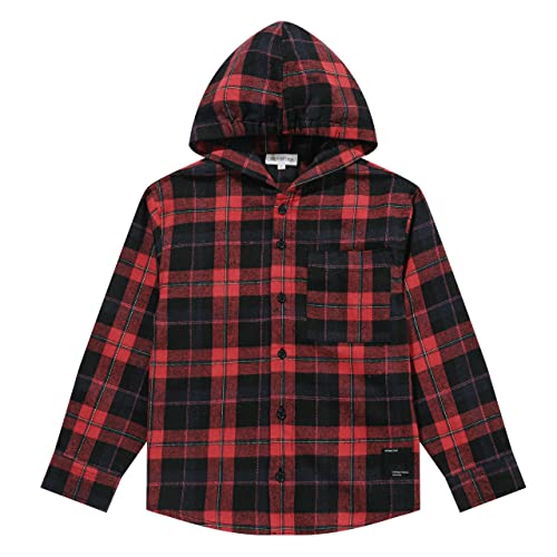 Trendstitch Boys' Button Down Hooded Plaid Dress Shirts Kids Long Sleeve Cotton T-Shirt Hoodies Jackets Outfit For Boys, Red, 8 Years #TOP9