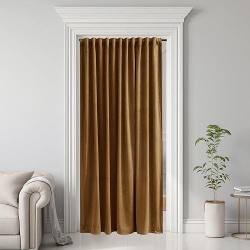 Image of Doorway Curtain Back Tab Gold Brown Velvet Thermal Insulated Sliding Door Panels Privacy Blackout Window Drapes Room Divider for Office Bedroom Closet, W62 x L80, 1 Panel