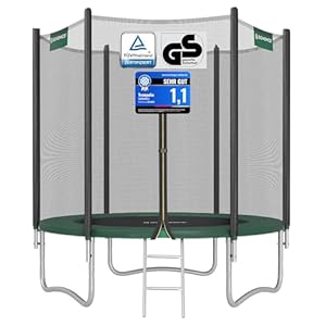 SONGMICS Trampolin für Kinder, Durchmesser 183 cm, Außenschutznetz, Sicherheitskissen, Leiter, 180 cm hoch, Stahlrahmen, schwarz und grün STR061C01