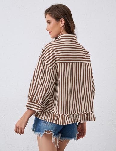 Womens 3/4 Length Sleeve Striped Button Down Shirt Loose Fit Drop Shoulder Trendy Ruffle Hem Striped Blouses Top3
