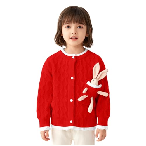 Suéteres para niñas, cárdigan abotonado, cuello redondo, manga larga, bolsillo de conejo, abrigo fino, punto acanalado, elástico, antibolitas, uniforme escolar, ropa de 2 a 8 años, A71 rojo, 4 años