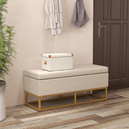 Miniatura 2 de Homcom Baúl De Almacenaje Para Dormitorio Puff De Almacenaje Tapizado De Lino Sintético Con Tapa Abatible Y Patas De Acero Para Salón 110x44x48 Cm Beige