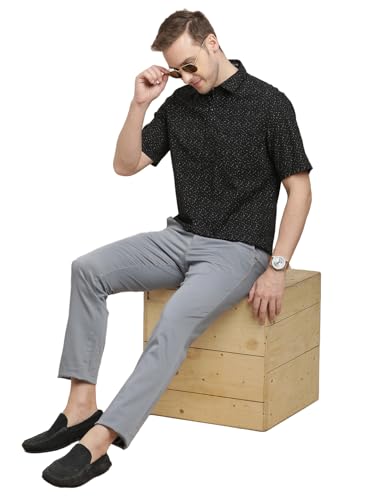 Image of Turtle Men 100% Cotton Slim Fit Black Printed Half Sleeve Casual Shirt
