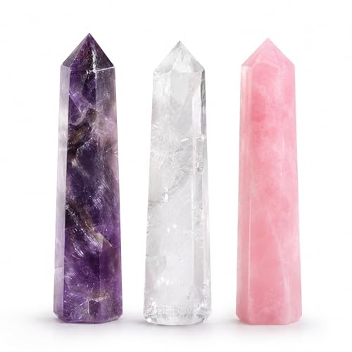 Image of REBUY Amethyst, Rose Quartz, Clear Quartz Crystals Pencils Wand Set for Reiki Healing and Grid Making Set Of 3