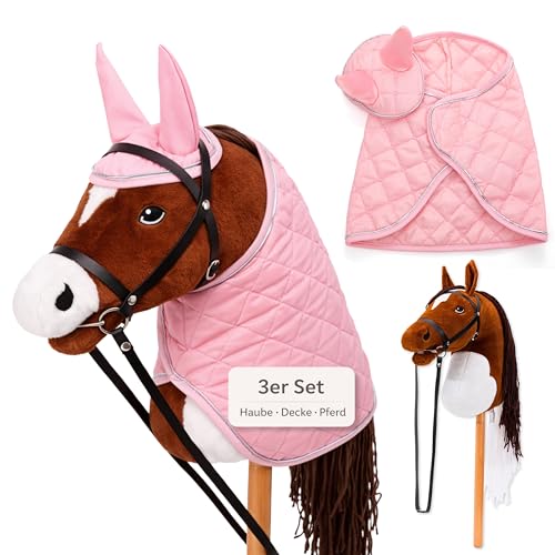 Hoofly Hobby Horse Set – Caballo grande para niños con manta y capucha | Juego completo de caballos Hobby Horsing con brida y varilla de tornillo de 35 cm | Caballo marrón – Accesorio rosa