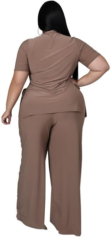 Wide Leg 2 Piece Outfits for Women Sweatsuit Sexy Short Sleeve Split Shirt Pant Set Casual Tracksuits - Image 3