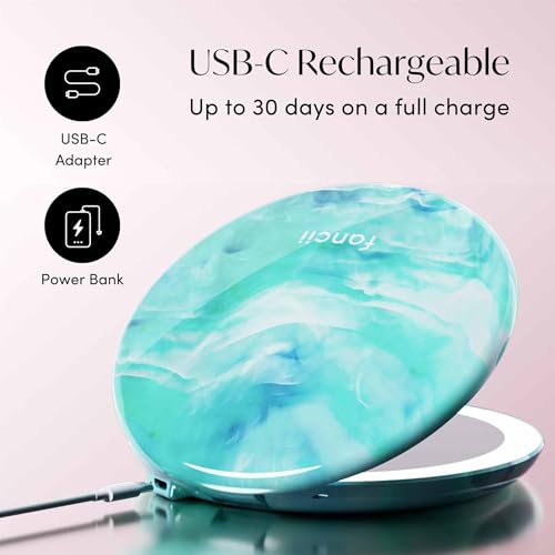 Image of Fancii Taylor LED Lighted Travel Makeup Mirror, Rechargeable, 10x /1x Magnifying, Tru-Glow Lighting System, XL Large 5 inch Wide | Compact Mirror for Purses (Sea Serenity)