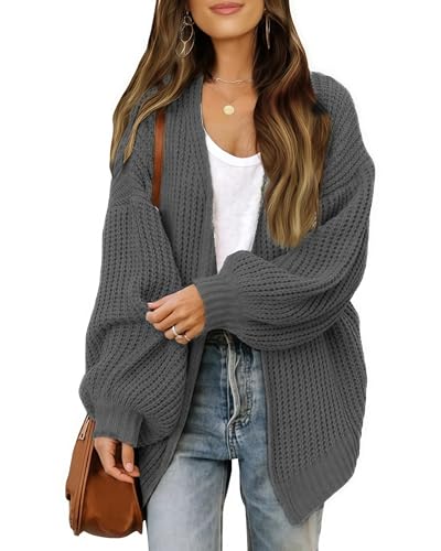JFAN Mujer Cárdigan de Punto Jerséis Manga Larga Mujer Suéter Cárdigan Bolsillo Abrigo Cálido para Otoño e Invierno Gris Oscuro L