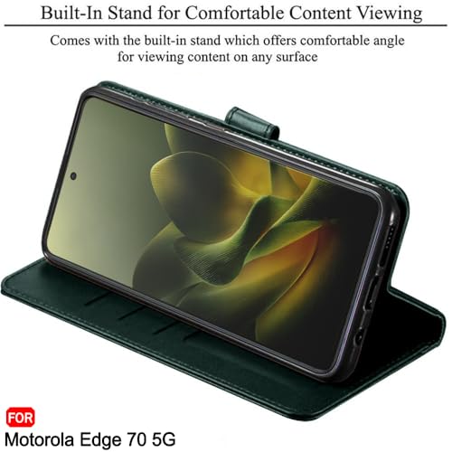 Image of TheGiftKart Flip Cover Back Case for Motorola Moto Edge 70 5G | Genuine Leather Finish | Designer Button | Inbuilt Pockets & Stand | Wallet Style Flip Case Cover for Moto Edge 70 (Faux Leather, Green)