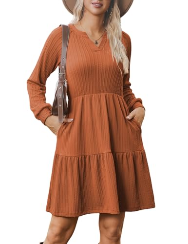 Zeagoo Kleid Damen Elegant V-Ausschnitt Strickkleid Langarm A Linie Gerippt Herbstkleid Knielang Pulloverkleid Mit Taschen Braun M
