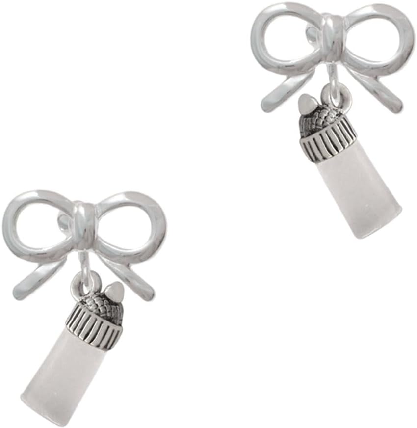 Delight Jewelry Silvertone 3-D Baby Bottle Silvertone Bow Clip On Earrings
