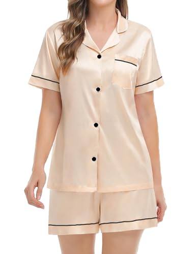 Image of SWOMOG Womens Silk Satin Pajamas Set Short Sleeve Sleepwear Button Down Top and Shorts Loungewear 2 Piece Pjs Set XS-3XL