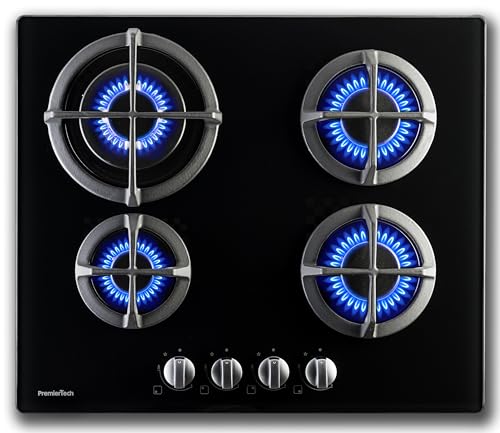 PremierTech Piano Cottura a Gas in Vetro Nero, 4 Fuochi,