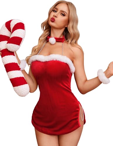 Tidouk Christmas Lingerie For Women, 4 Piece Sexy Santa Red Velvet Babydoll with Choker and Cuffs Set, G-String Panty