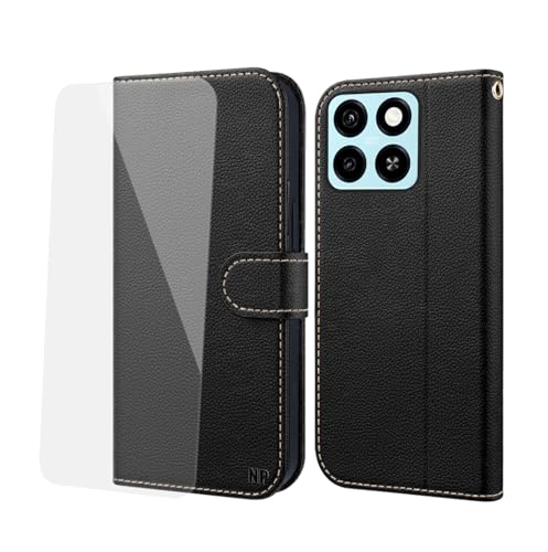 NP-Hüller Handyhülle für ZTE Blade A55/ Blade A35 Hülle [mit Panzer Schutz Glas], Premium Lederhülle mit Kartenfächern [Klappbar Flip case] Handy Schutzhülle für ZTE Blade A55/ Blade A35, Schwarz