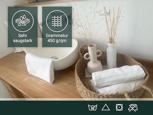 ZOLLNER 6er Set Handtücher in 50x70 cm - Flauschige Badetücher aus Baumwolle - mit moderner Streifenbordüre - waschbar bis 95°C - mit praktischem Aufhänger - in weiß - Hotelqualität