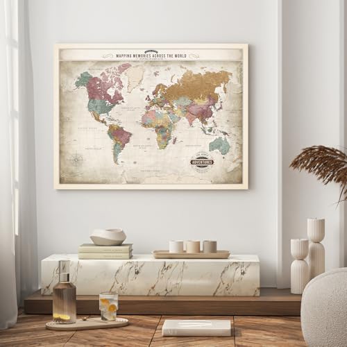 Image of DECORARTS - Oversized World Travel Map with Pins, Pin Board Canvas Wall Art, Extra Large Vintage Pastel World Maps for Wall, Giclee Print, Handcrafted in USA, 40x30''