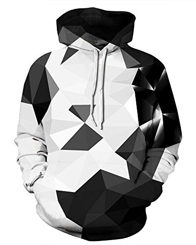 NAYINLAN Unisex 3D Skull Geometry Animal Print Pullover Hoodies Hooded Sweatshirt,White Black Geo,Small/Medium