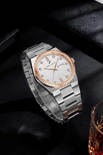 Image of Daniel Hechter Hoche Collection Classic Analog Watch for Men - Textured Dial,Crystal Indices with Fluted Bezel, Date Display and Silver Stainless Steel Strap