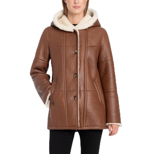 Valcuer 1887 Damen Lammfelljacke VIVI aus echtem Leder, Lammfell, Fell, warme Winterjacke mit Kapuze - bequem, warm und hochwertig in Cognac (Braun), in Gr. 38