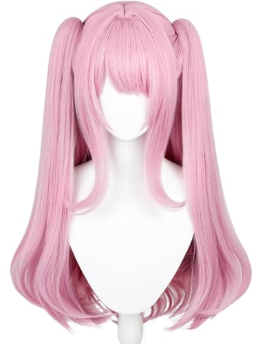 Image of Half and Half Pink Ponytail Wig with Bang Long Curly Dark Pink Anime Cosplay Wigs Purple Pink Pigtails Twin Tails Wigs for Women Halloween Daily