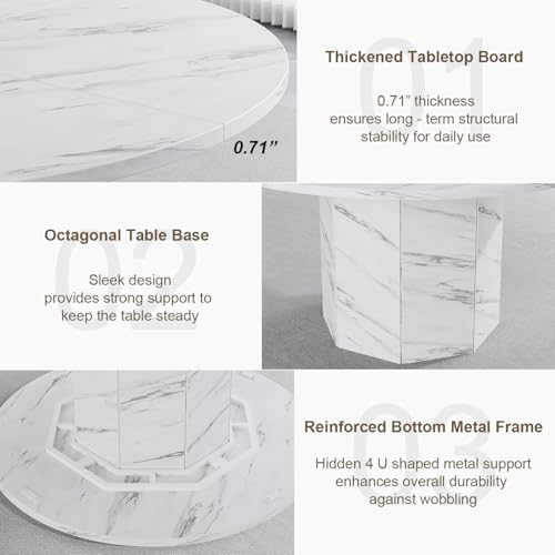 HSH Round Dining Table for 4-6, 47” White Faux Marble Dinner Table only, Modern Circle Kitchen Table for Home Living Room, Industrial Wood Dining Room Table with Octagon Base, White Marble