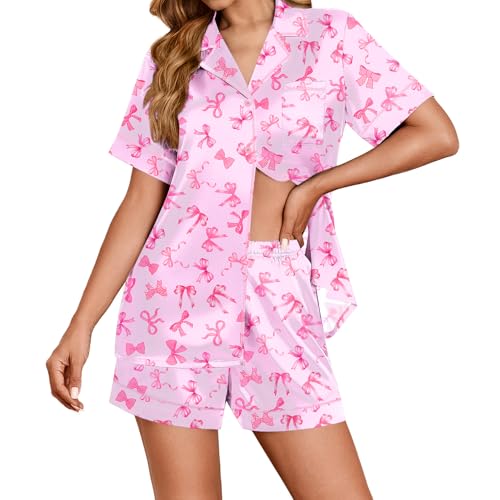 Image of Ekouaer Womens Satin Silk 2 Piece Pajamas Set Short Sleeve Sleepwear | Button Down Top and Shorts Loungewear Set for Sleep, Home, Wedding, Travel, Party, Daily Wear & Great for Sharing