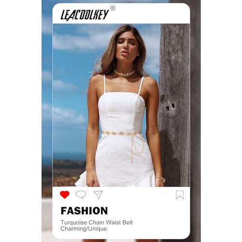 Image of LEACOOLKEY Women Turquoise Concho Chain Waist Belt Silver Western Cowgirl Metal Chain Belt for Dress Adjustable