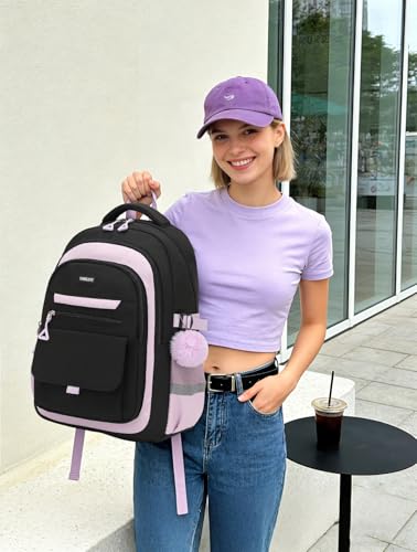 Image of School Backpack for Teen Girls, Large Capacity Laptop Bag for High School Middle School Elementary, Aesthetic Bookbag College Women, Black Purple