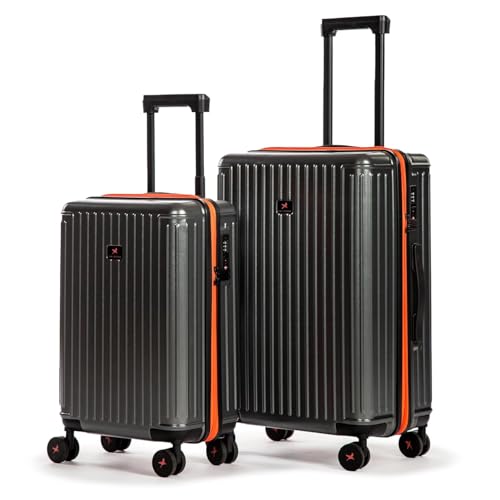 Image of Hard Polycarbonate Luggage Trolley Bag | 8 Wheels 360 Double Spinner Suitcase with Coffee Holder & Mobile Stand | 5 Years Warranty - Smoky Sky, Set of 2 (Cabin+Medium) (54+64 cm)