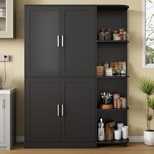 Loomie Kitchen Pantry Storage Cabinet Food Pantry Cabinet with Doors Adjustable Shelves 64 Tall Kitchen Cabinet with 5 Tier External Shelf Freestanding Cupboard for Kitchen Black