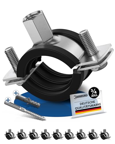 GARSIDURO® Profi Rohrschellen | 3/4 Zoll (26-30mm) 10 Stück | mit passenden Stockschrauben und Dübeln | Schraubrohrschellen Stahl verzinkt mit Gummieinlage zur Rohrbefestigung und Rohrhalterung | 3/4