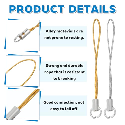 100PCS Phone Keychain Strap, 58mm Cell Phone Split Ring Strap, Gold/Silver Cellphone Charms Lanyard String, Lanyard Straps for USB Drive and Camera, Clasp Cords for DIY Decorations