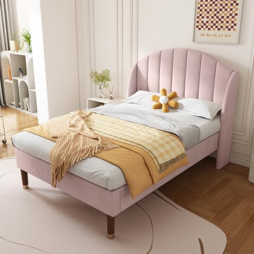 Merax Velvet Upholstered Single Bed 3FT (90x190cm) with Slatted Frame & Headboard โ Stylish Kids Bed, Girls Bed, Youth Bed, Easy Assembly, Pink โ image 1