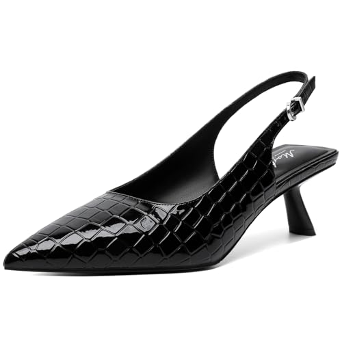 Image of Mostrin Kitten Heels for Women Pointed Toe Pumps Patent Leather Low Heel Slingback Heels with Buckle Dress Shoes for Dating Party Working