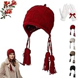 Melt The Ice Hat, Red Knit Hat with Tassel, Women's Winter Knitting Earflap Beanie Hat, Fashion Vintage Crochet Slouchy Cap (Red)