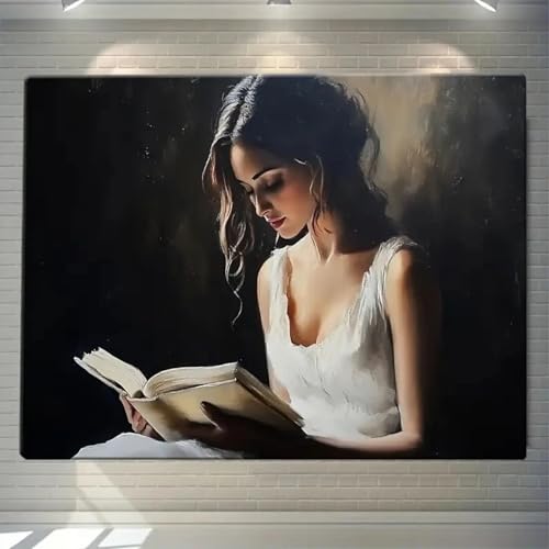 Peinture à l'huile sur toile de maître tableau haut de gamme dame lisant cadre 70x110cm