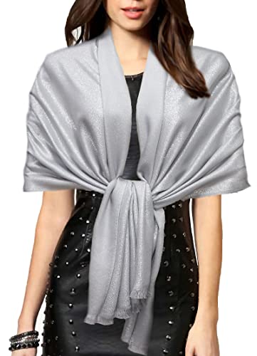Gragengs Funken Metallic Pashmina Schals und Stola für Damen, Lange Party Tücher Einheitliche Farbe Zwei Töne,Hellgrau/Silber