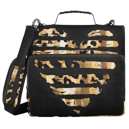 Image of 3 Ring Zipper Binder with Shoulder Strap Leopard Skin Golden Heart 1.5 inch Binders Keeper Large Capacity Multi Pockets for School Office Supplies