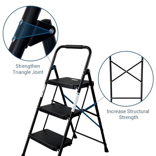 Image of 3 Step Ladder, Folding Step Stool with Wide Anti-Slip Pedal, 300 lbs Capacity Sturdy Steel Ladder, Ladder for Home, Garden, Painting, Outdoor, and Garage, Black