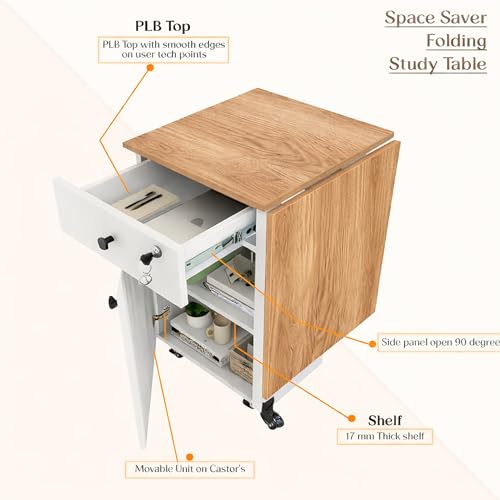 Image of Klaxon Foldable Study Table with Drawer & Storage Shelf | Compact Desk for Home & Students | Folding Design with Lockable Wheels. (Black, DIY Installation) (White, Kora)