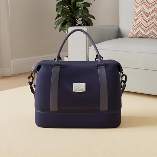SYCNB Weekender Bags for Women, Personal Item Travel Bag with Shoes Compartment, Overnight Travel Duffel Bag with Wet Pocket & Trolley Sleeve,Gym Bag,Navy Blue2