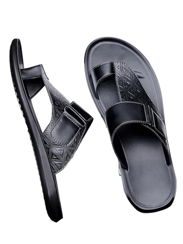 Image of GORGLITTER Men's Leather Sandals Slide Beach Outdoor Round Flip Flops Slip On Slippers