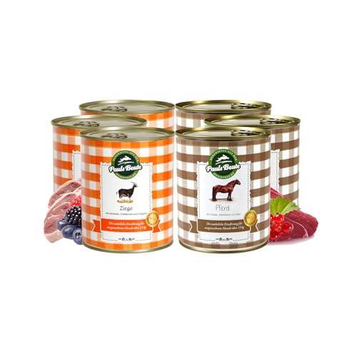 Pauls Beute Probierpaket Nassfutter Ziege & Pferd | 6 x 800g | Hypoallergenes Hundefutter Nass | Monoprotein | Fettreduziert | Ohne Künstliche Zusatzstoffe | Inkl. Gratis Dosendeckel