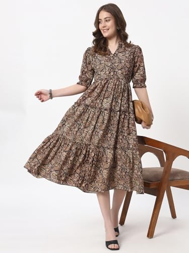 Image of Women's Fit and Flare Dress I Pure Cotton Long Summer Maxi Dress I V-Neck I Casual Wear I Printed Kalamkari Floral Middi