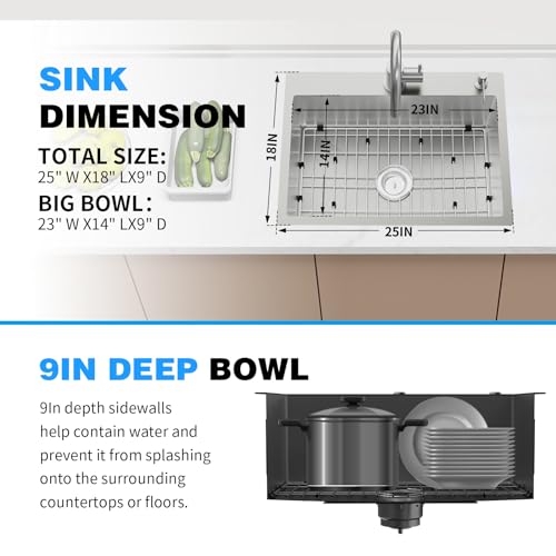 Kitchen Sink,25x18 Inch Stainless Steel Drop In Topmount Kitchen And Bar Sink Stylish and Modern Look Come With Bottom Grid,Drain Basket And Drain Assembly Add Elegance & Enhance Usability. by FAUENPEEY - Image 6