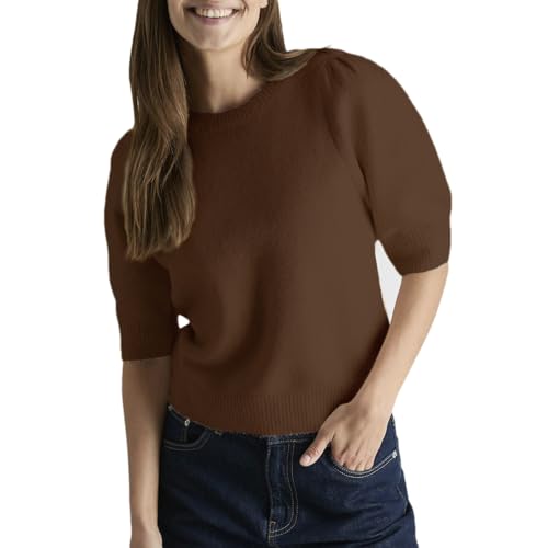 Image of Seyumixi Women Cute Bow Sweater Puff Short Sleeve Crewneck Knitted Shirt Bowknot Tie Back Knit Pullover Tops