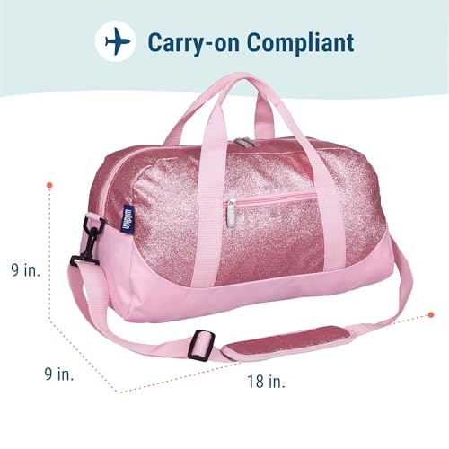 Image of Wildkin Kids Overnighter Duffel Bag - Carry-On Travel Bag for School & Sleepovers, Lightweight, Durable, Boys & Girls Ages 4-15 - Pink Glitter