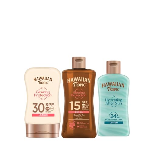 Hawaiian Tropic Travel Kit - Set de Viaje para Protección Solar (Aceite Bronceador SPF 15 + Loción Protectora SPF 30 + Aftersun Hidratante AirSoft)