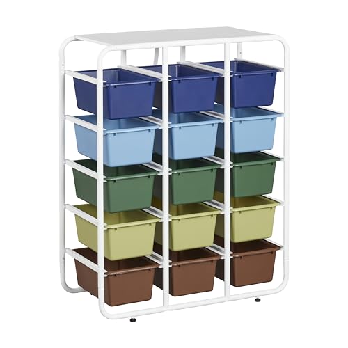 ECR4Kids 5-Tier Storage Rack with 15 Cubby Bins 5x3, Multipurpose Organization, Earthtone
